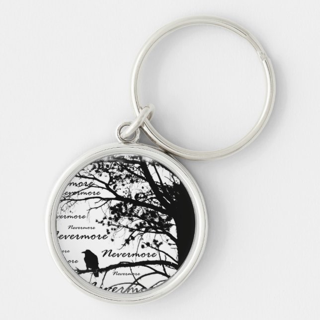 Black & White Nevermore Raven Silhouette Tree Key Ring (Front)