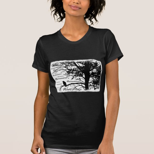 Black & White Nevermore Raven Silhouette Tree T-Shirt (Front)