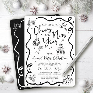 Black White New Year Cheer Hand Drawn Doodle Party Invitation