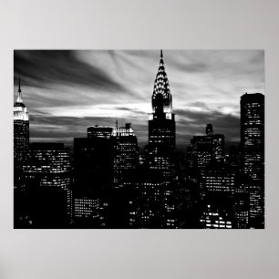 Black White New York City Night Poster