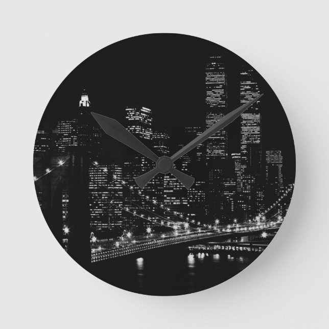 Black & White New York City Night Round Clock (Front)