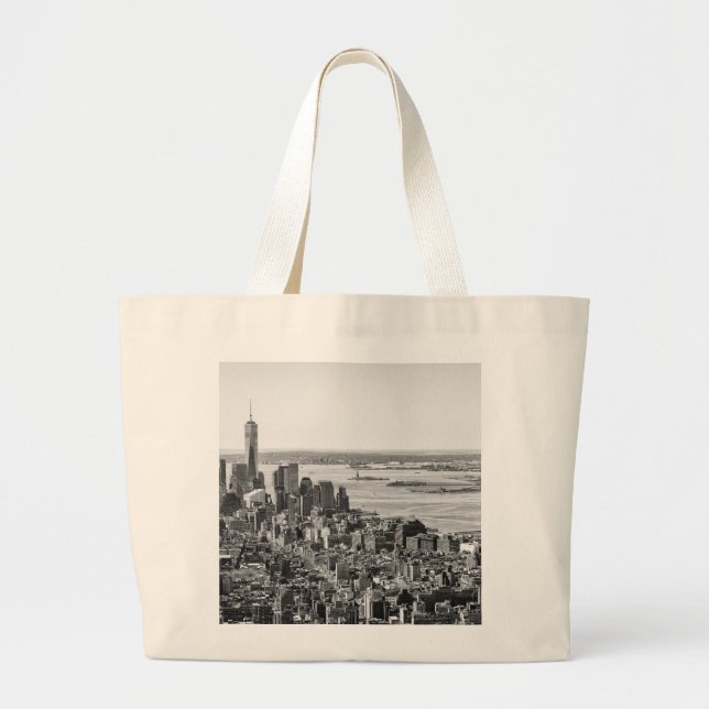 Black White New York City Skyline Large Tote Bag (Front)