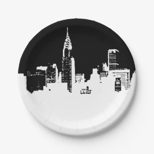 Black White New York City Skyline Pop Art Paper Plate