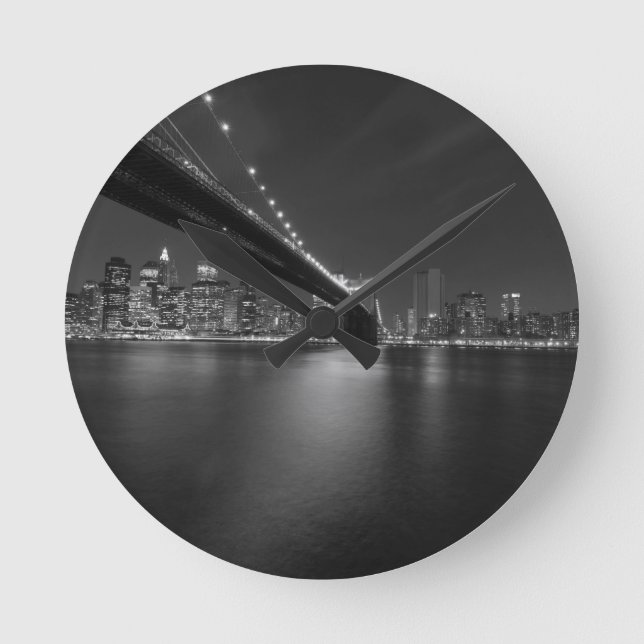 Black White New York City Skyline Round Clock (Front)