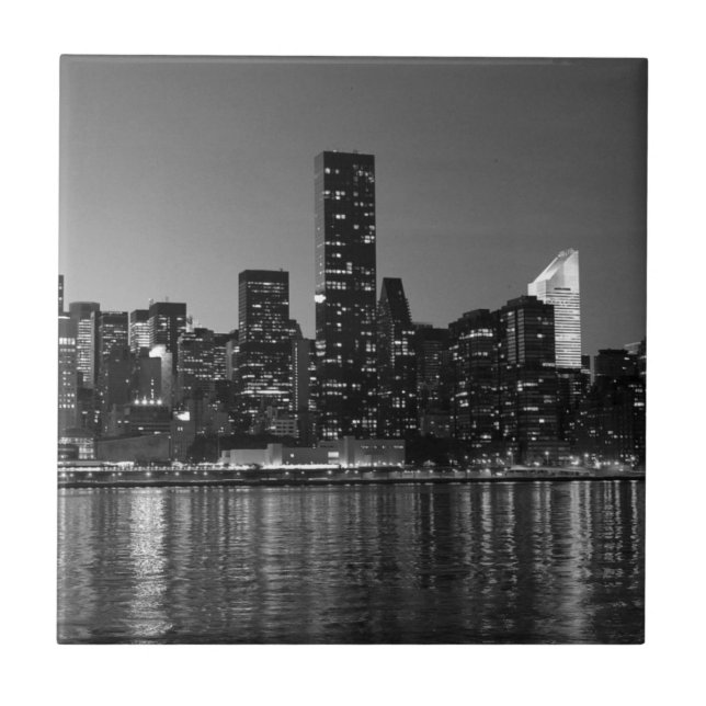 Black White New York City Skyscapers Silhouette Ceramic Tile (Front)