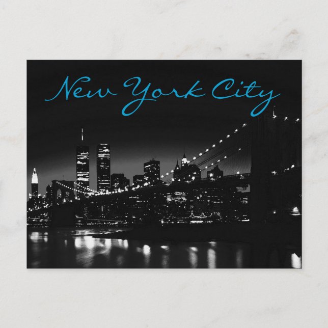Black White New York Night Blue Script Postcard (Front)