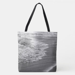 Black & White Ocean Washing Up On the Beach Large Tote Bag