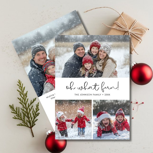 Black & White Oh What Fun Christmas Family 4 Photo Holiday Card (Creator Uploaded)