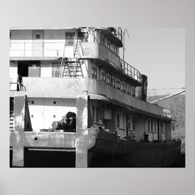 Black & White Old Tugboat on the Grass 16x20 Poster (Front)