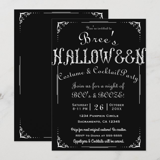 Black & White Old Vintage Elegant Halloween Party  Invitation (Front/Back)
