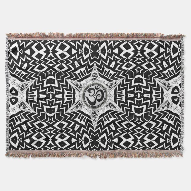 Black+White Om Star Trip Mandala Throw Blanket (Front)