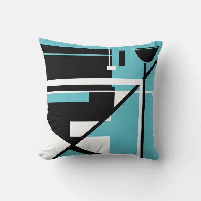 Black White on Bright Aqua Geometric Abstract Art Cushion (Front)