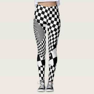 Black White Optical Ilussion Distorted Chequered  Leggings