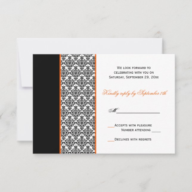 Black White Orange Damask RSVP Card (Front)