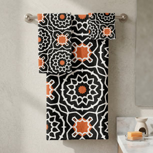 Black White Orange Moroccan Geometric Pattern Bath Towel Set