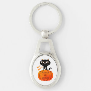 Black White Orange Pumpkin Cat Cute Halloween Key Ring