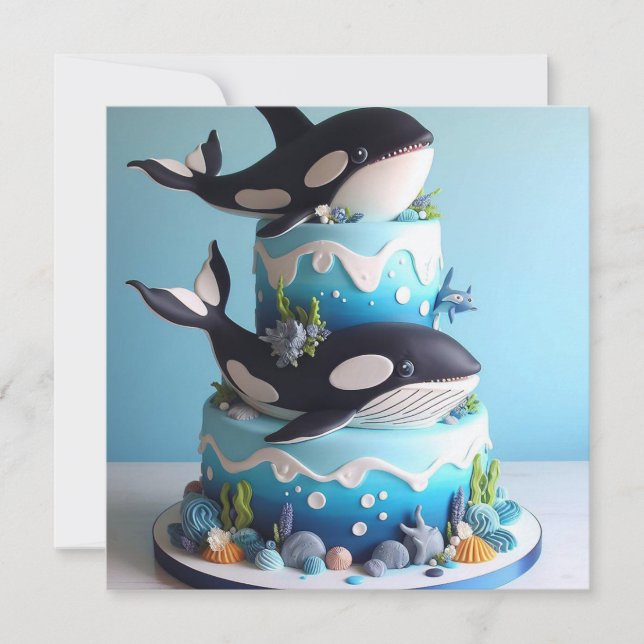  BLACK & WHITE ORCA WHALE CAKE BIRTHDAY INVITATION (Front)