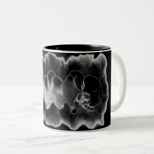 Black White Orchid painting trippy floral  Two-Tone Coffee Mug (Front Right)