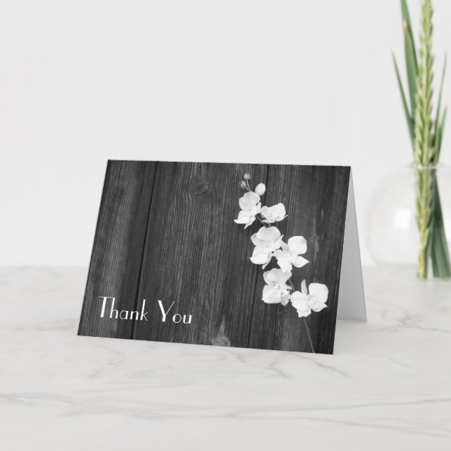 Black & White Orchids & Barn Wood Thank You Card (Front)
