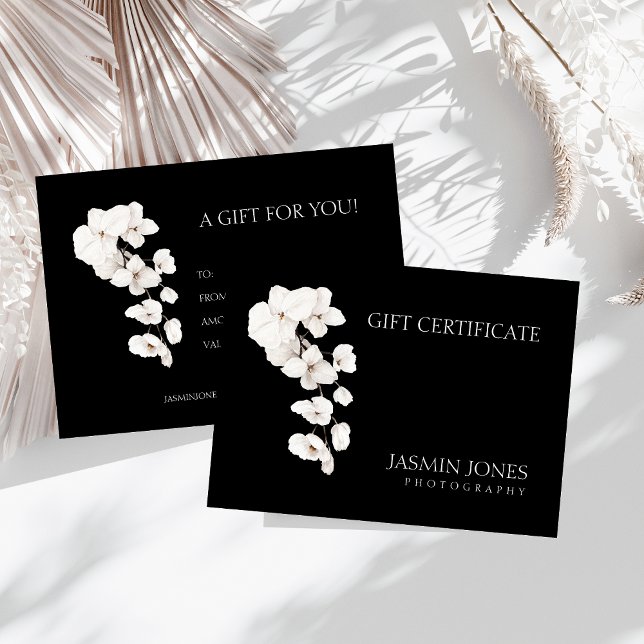 Black White Orchids Business Gift Certificate (Modern Black and White QR Code Orchids Flowers Business Gift Certificate)