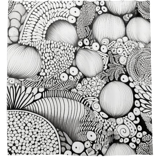 Black White Organic Geometric Pattern Shower Curtain (Front)