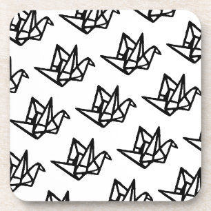 Black & White Origami Paper Crane Linocut Coaster