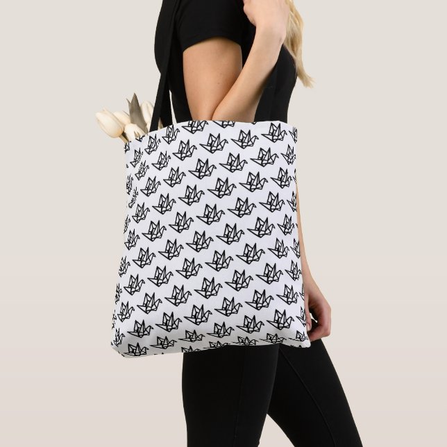 Black & White Origami Paper Crane Linocut Tote Bag (Close Up)