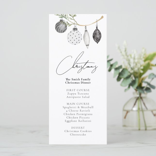 Black & White Ornament Christmas Dinner  Menu (Standing Front)