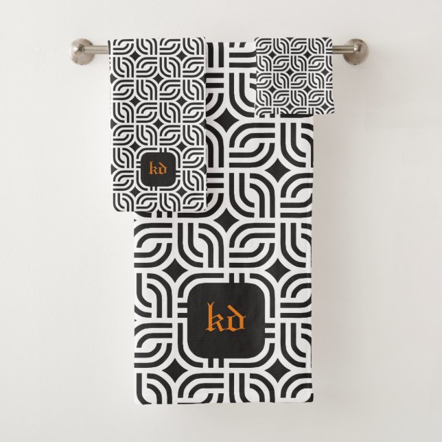 Black white ornament patterns antique bath towel set (Insitu)