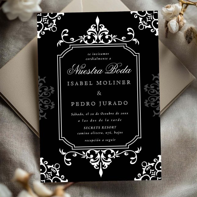 Black White Ornament Vintage Nuestra Boda Wedding Invitation (Creator Uploaded)