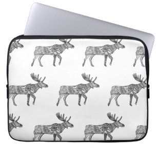 Black & White Ornamental Walking Moose Silhouette Laptop Sleeve