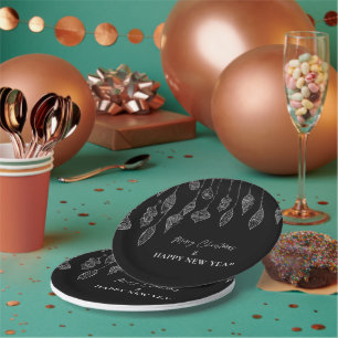 Black White Ornaments Christmas New Year Party Paper Plate