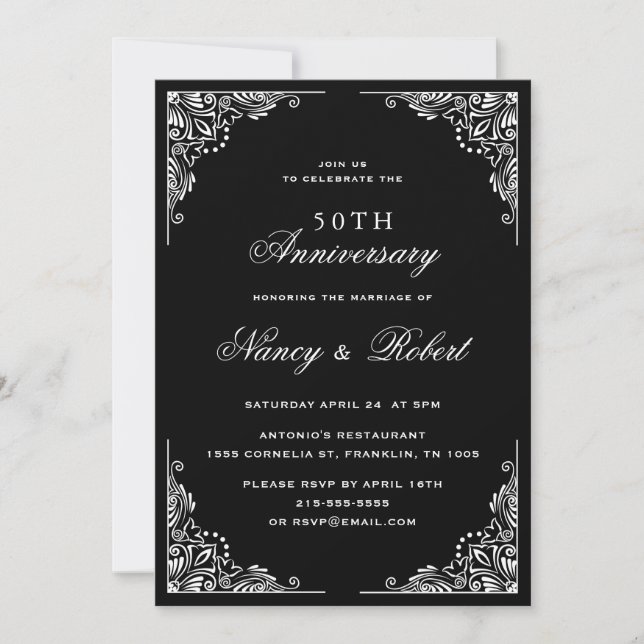 Black & White Ornate 50th Wedding Anniversary Invitation (Front)