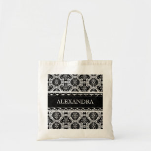 Black & White Ornate Baroque Pattern -Monogram Tote Bag