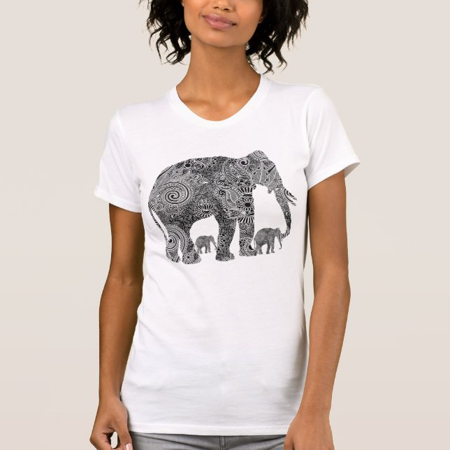 Black & White Ornate Floral Elephants T-Shirt (Front)