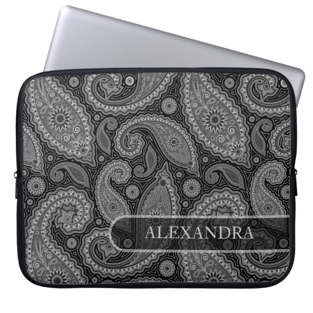 Black & White Ornate Floral Paisley Pattern 2 Laptop Sleeve (Front)