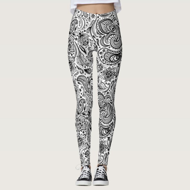 Black & White Ornate Floral Paisley Pattern Leggings (Front)