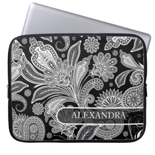 Black & White Ornate Floral Pattern Laptop Sleeve