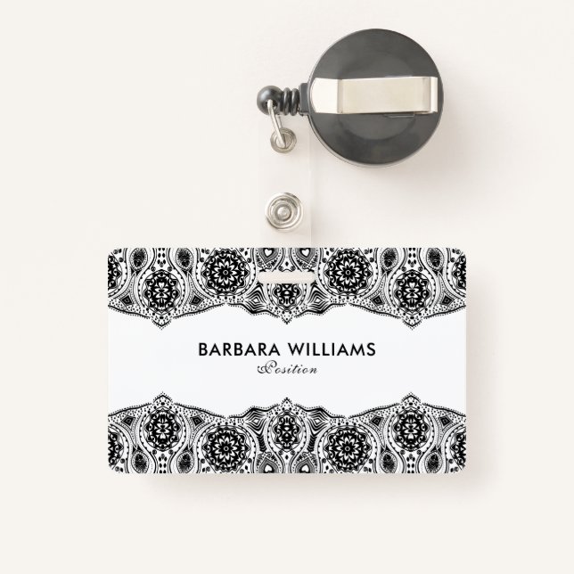 Black & White Ornate Lace Border ID Badge (Back with Retractable)