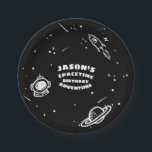 Black White Outer Space Astronaut Birthday Plate<br><div class="desc">Unique, fun, modern and bold birthday astronaut space adventure birthday party plate design. Black and white colour palette is used to create a simple yet bold and eye-catching birthday space celebration design theme. The black dominant colour is used to represent the deep outer space. Fun cartoon illustration sketches featuring Space...</div>