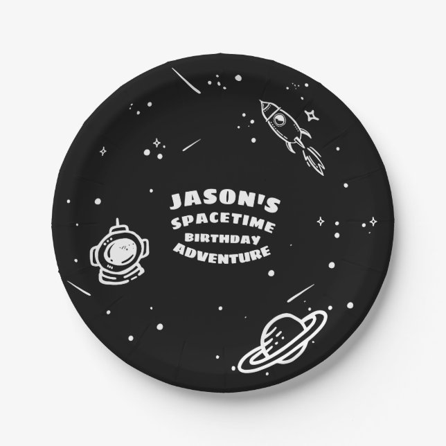 Black White Outer Space Astronaut Birthday Plate (Front)