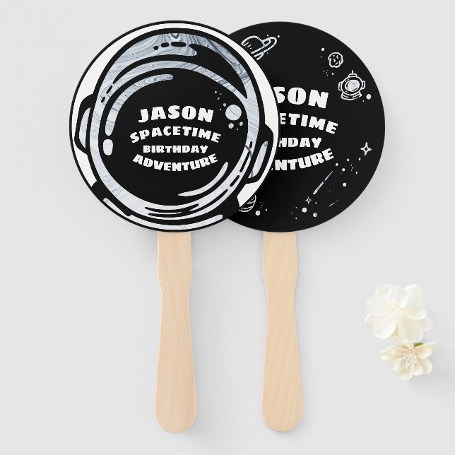 Black White Outer Space Astronaut Hand Fan (Front and Back)