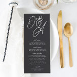 Black & White Oversized Script Monogram Wedding Menu<br><div class="desc">A beautiful typography based wedding menu card featuring your initials in oversized script lettering at the top,  in tone on tone shades for a watermark effect. Personalise with your menu items beneath. Our Ash colorway makes a classic statement with white lettering on a soft black background.</div>