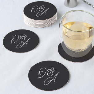 Black & White Oversized Script Monogram Wedding Round Paper Coaster