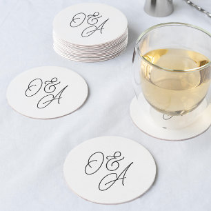 Black & White Oversized Script Monogram Wedding Round Paper Coaster