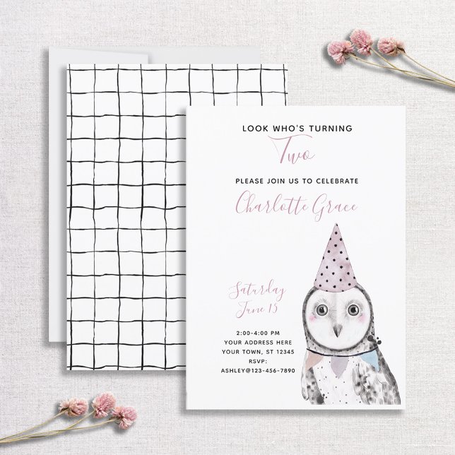 Black & White Owl 2nd Birthday Girl Party Invitation (Creator Uploaded)