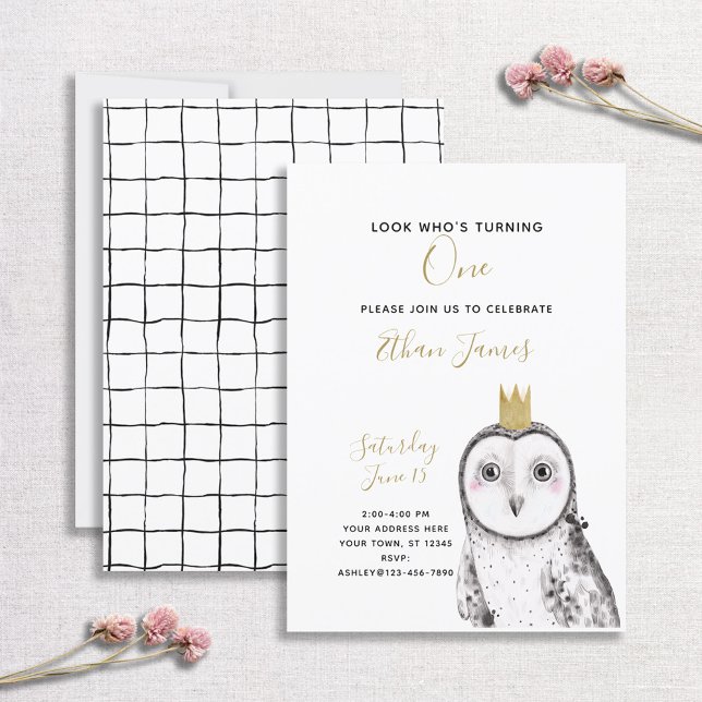 Black & White Owl Baby 1st Birthday Party Invitation (Creator Uploaded)