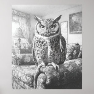 Black White Owl on Living Room Chair Illustration Poster
