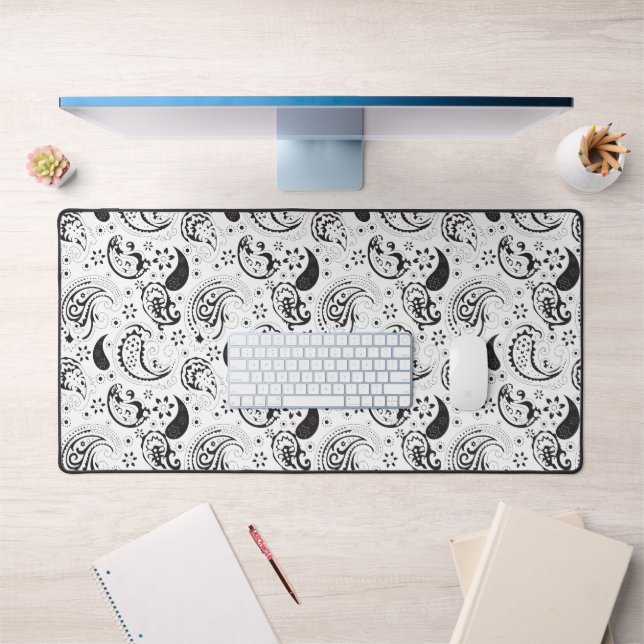 Black & White Paisley Pattern –Elegant Textile Art Desk Mat (Office 1)