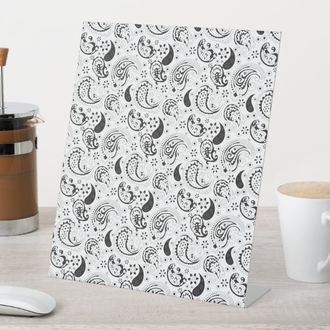 Black & White Paisley Pattern –Elegant Textile Art Pedestal Sign (In SItu)